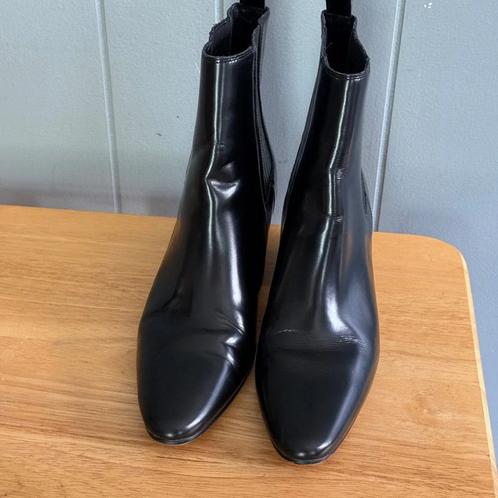 J Crew Piper Ankle Boot 9.5 Shiny Black Leather Western Chelsea Almond Toe BT886